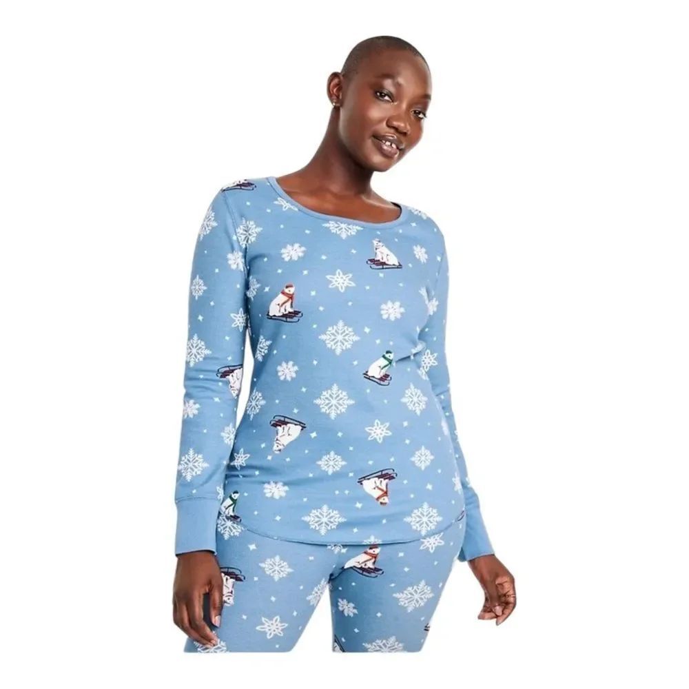 Old Navy Womens Blue Bears That Sleigh Waffle Pajama Top Medium NWOT